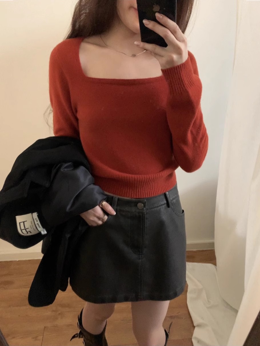 bluepops新款休闲气质纯色常规方领舒适通勤澳羊毛长袖上衣女